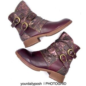 Soffia violet leather floral embossed metallic mid-calf buckle boots EU size 36